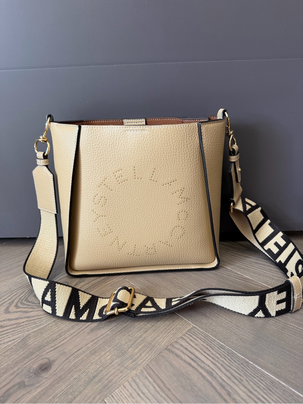 Stella McCartney Beige Perforated Logo Crossbody with Branded Strap